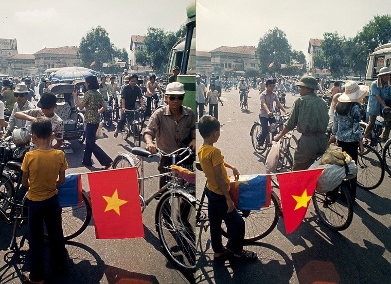  Sài Gòn tháng 5 năm 1975, những lá cờ của chính quyền mới được người dân bán trên khắp các tuyến phố.