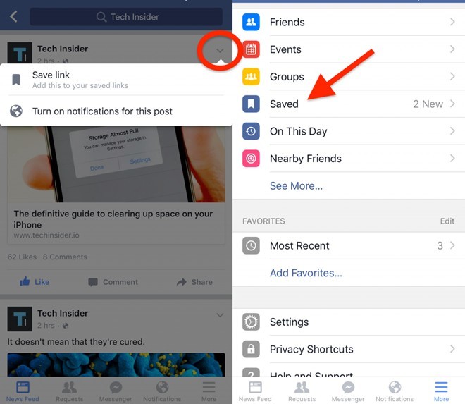  1. Lưu nội dung để xem sau  Nhìn thấy một bài viết thú vị hay clip hấp dẫn trên News Feed (Bảng tin), nhưng bạn chưa có thời gian để xem, hãy lưu lại. Để làm điều đó, bạn nhấn vào biểu tượng mũi tên trỏ xuống ở ngay bài viết, chọn “Save” (Lưu). Những nội dung bạn có thể đánh dấu bao gồm link liên kết bài viết, video, hình ảnh và địa điểm. Sau đó, người dùng Facebook truy cập vào phần “Saved” (Đã lưu) để xem lại.