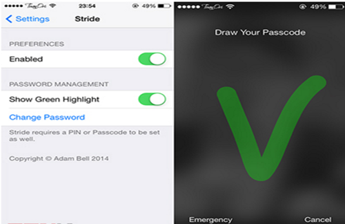  1. Vẽ hình để mở khóa màn hình iPhone với Tweak Stride 2. Để có thể sử dụng cách mở khóa này, iPhone cần tải Tweak Stride từ Cydia (có nghĩa là iPhone đã được jailbreak) và sau đó cài đặt. Chỉ cần vào Setting &gt; Stride &gt; hange Password &gt; Nhấn vào mút Recore màu đỏ &gt; Vẽ ba lần hình vẽ bạn muốn làm khóa &gt; Save. Với cách này bạn có thể vẽ bất cứ những gì mình muốn và đương nhiên việc bảo mật sẽ cao hơn rất nhiều so với việc khóa bằng 4 ký tự số như thông thường.