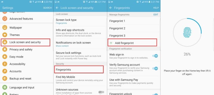  Tạo dấu vân tay và sử dụng cảm biến vân tay của Samsung Galaxy S7. Trước khi sử dụng dấu vân tay trên Galaxy S7 để khai thác các tính năng bổ sung, việc đầu tiên bạn cần làm là tạo một dấu vân tay để sử dụng theo các bước sau: Truy cập vào menu Settings&gt;Lock Screen and Security&gt;Fingerprints&gt;Add Fingerprints. Sau đó đặt từng phần của ngón tay lên nút home tới khi hoàn thành. Để dấu vân tay được lấy chính xác nhất, bạn nên đặt chính giữa ngón tay từ trên đỉnh và khéo dần tới hết đốt đầu tiên, sau đó tiếp tục quá trình tương tự với hai bên rìa ngón tay. Bạn nên lấy dấu vân tay của cả 2 ngón cái và ngón trỏ.