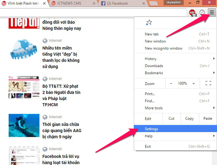 Mở menu của Chrome bằng cách click chuột vào biểu tượng 3 dấu gạch ngang ở phía trên cùng bên phải màn hình, click vào Settings.