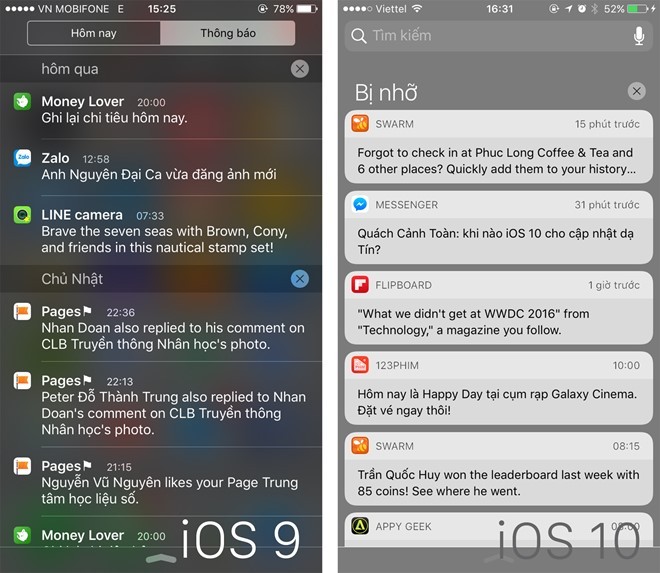  Thanh thông báo: Trên iOS 9, thanh thông báo được hiển thị bằng các dòng chữ và phân cách bằng các đường thẳng. Trên  hệ điều hành iOS 10, mỗi thông báo được chứa trong một khối chữ nhật bo cong bốn góc.