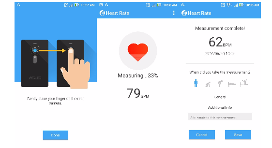  Đo nhịp tim ASUS Heart Rate. Đây là ứng dụng miễn phí từ ASUS cho người dùng  điện thoại ZenFone và có sẵn trên Google Store. Để sử dụng, bạn đưa ngón trỏ che kín camera sau và nhấn biểu tượng nhịp tim. Kết quả sẽ hiển thị sau vài giây. Bạn có thể kết nối, tải trực tiếp kết quả này lên Google Fit để đồng bộ với kế hoạch quản lý sức khỏe.