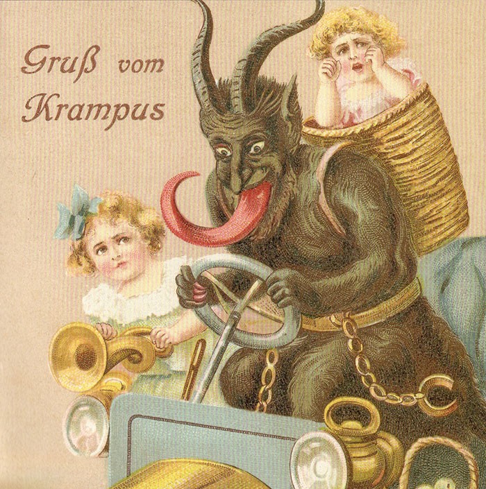 Tấm  thiệp Giáng sinh với hình quỷ sừng dê Krampus này sẽ khiến trẻ em khóc thét. Trong văn hóa phương Tây, Krampus là con quỷ chuyên trừng phạt trẻ em hư dịp Giáng sinh.