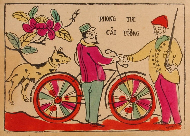 "Phong tục cải lương" - một bức  tranh Đông Hồ đặc sắc ra đời đầu thế kỷ 20. Bức tranh minh họa sự thay đổi về phong tục thời kỳ thuộc địa, với hình ảnh một người Pháp cầm khẩu súng trường bắt tay một người đội mũ lưỡi trai, dắt xe đạp, bên cạnh là con chó Tây.