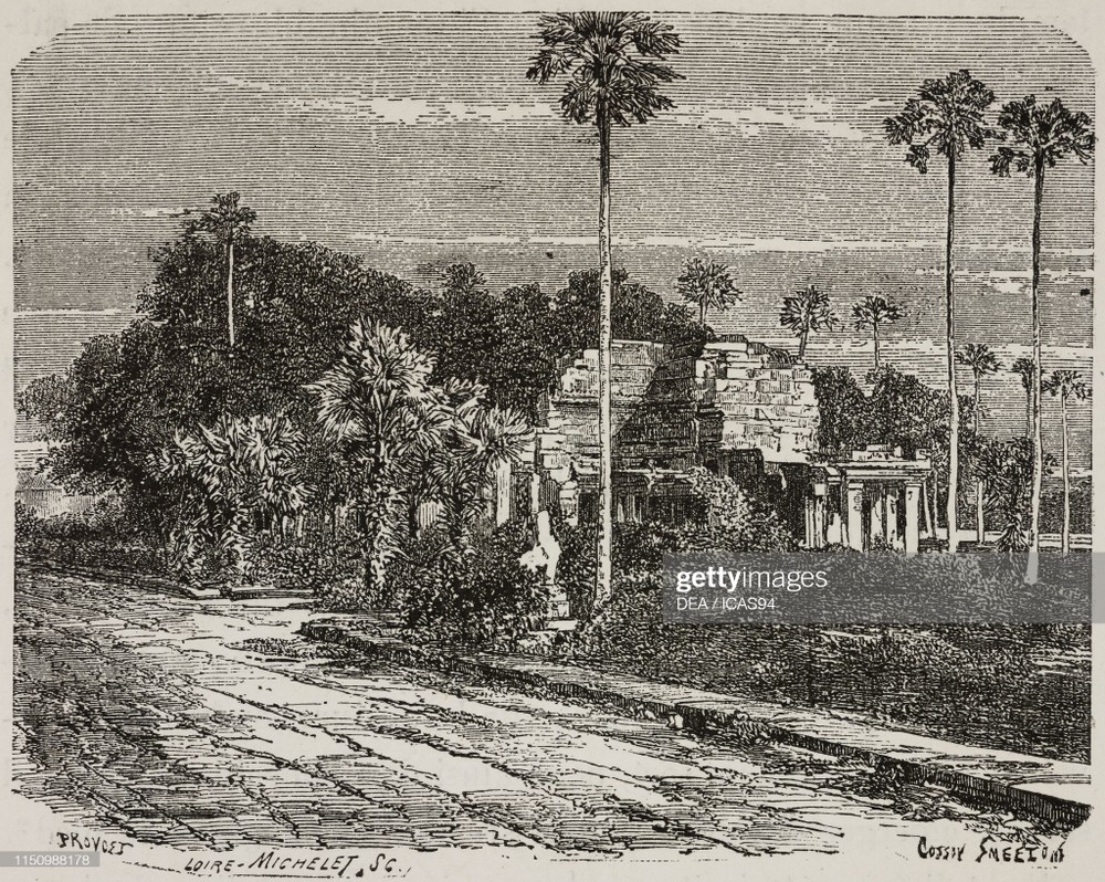 Khung cảnh trên trục đường chính dẫn vào khu đền tháp  Angkor Wat, Campuchia năm 1880. Ảnh: Getty Images.