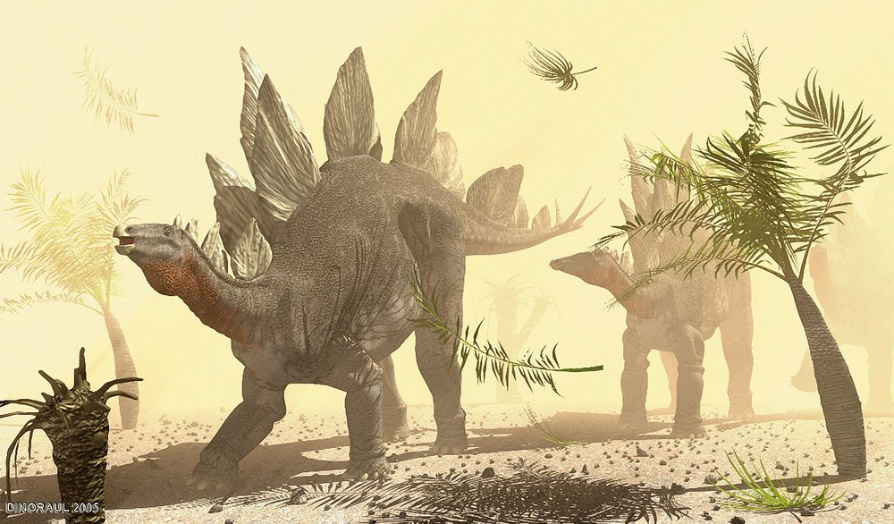 Stegosaurus (389) là chi khủng long sống vào kỷ Jura - Phấn Trắng, 150-145 triệu năm trước, hóa thạch được tìm thấy ở Bắc Mỹ và châu Âu. Những con  khủng long gai nổi tiếng này dài 6 mét, nặng 2 tấn. Tấm sừng trên lưng chúng rộng bản, có thể dùng để tỏa nhiệt hoặc quyến rũ bạn tình bên cạnh chức năng tự vệ. Ảnh: Dinodata.de.