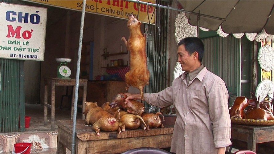 Một cửa hàng  thịt chó trên phố Tam Trinh, Hà Nội năm 2007. Theo ông Manfred Sommer - người chụp loạt ảnh này - trong lịch sử, việc con người ăn thịt chó đã được ghi nhận ở nhiều nơi trên thế giới, bao gồm Đông và Đông Nam Á, Tây Phi, châu Âu, châu Đại Dương và châu Mỹ.