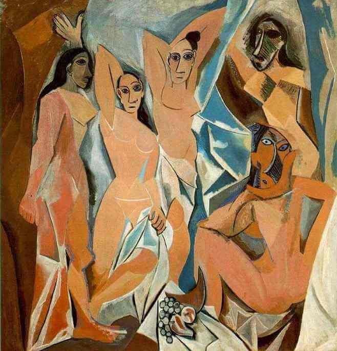  1. Les Demoiselles d'Avignon (1907). Bức tranh này đánh dấu sự khởi đầu của phong cách Lập thể, với hình ảnh năm người phụ nữ khỏa thân có gương mặt biến dạng, chịu ảnh hưởng của nghệ thuật châu Phi. Đây là một tác phẩm đột phá, mở đầu cho phong trào nghệ thuật Lập thể. Ảnh: Pinterest.