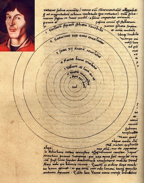  1. Mô hình nhật tâm của Copernicus (Thế kỷ 16). Nicolaus Copernicus đề xuất  mô hình nhật tâm, cho rằng Mặt Trời là trung tâm của hệ Mặt Trời, thay thế mô hình địa tâm của Ptolemy. Khám phá này đánh dấu bước ngoặt quan trọng trong cách con người nhìn nhận vị trí của Trái Đất và vũ trụ. Ảnh: Pinterest.