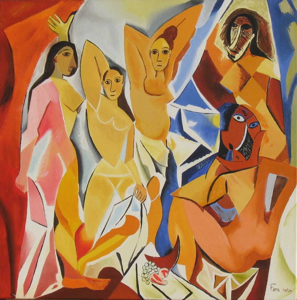  1. Les Demoiselles d'Avignon (1907) – Pablo Picasso. Đây là bức tranh được coi là sự khởi đầu của  trường phái Lập thể. Picasso đã phá vỡ các hình dáng thông thường, sử dụng các hình khối cứng cáp để thể hiện năm phụ nữ trong một nhà thổ, thể hiện sự chuyển đổi sang một ngôn ngữ hình ảnh mới. Ảnh: Pinterest.