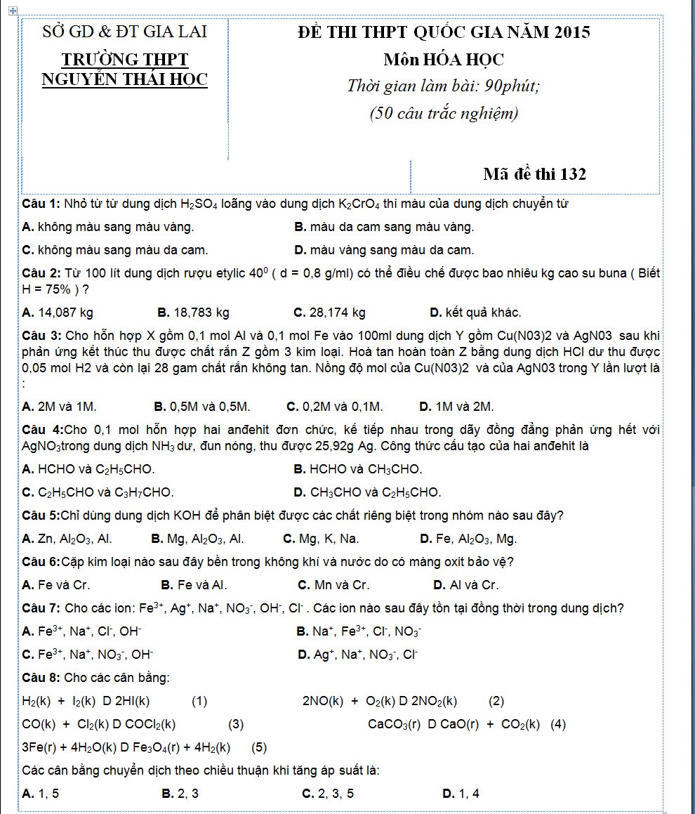  Đề thi thử THPT quốc gia 2015 môn Hóa của trường THPT Nguyễn Thái Học (Gia Lai) gồm 50 câu trắc nghiệm, thời gian làm bài 90 phút.