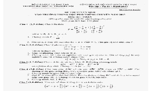 Đề thi tuyển sinh vào lớp 10 THPT môn Toán ĐHSPHN năm 2015