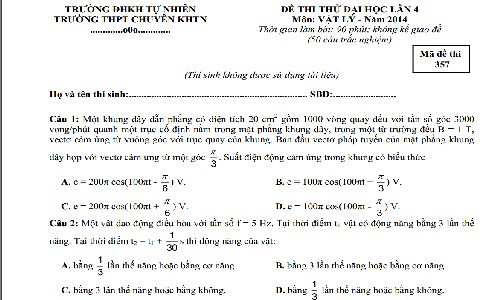 Đề thi thử THPT quốc gia 2015 môn Lý chuyên KHTN và đáp án
