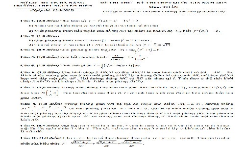 Đề thi thử THPT quốc gia 2015 môn Toán THPT Nguyễn Hiền và đáp án