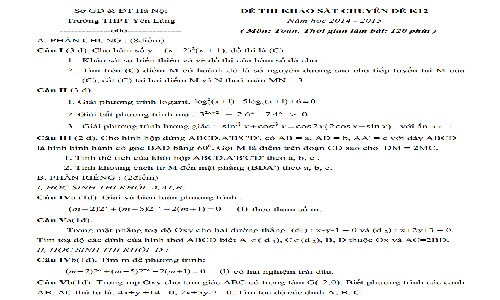 Đề thi thử THPT quốc gia 2015 môn Toán ở Hà Nội