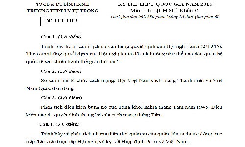 Đề thi thử THPT quốc gia 2015 môn Lịch Sử tỉnh Bình Định