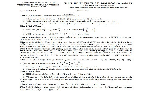 Đề thi thử THPT quốc gia 2015 môn Toán tỉnh Thừa Thiên Huế