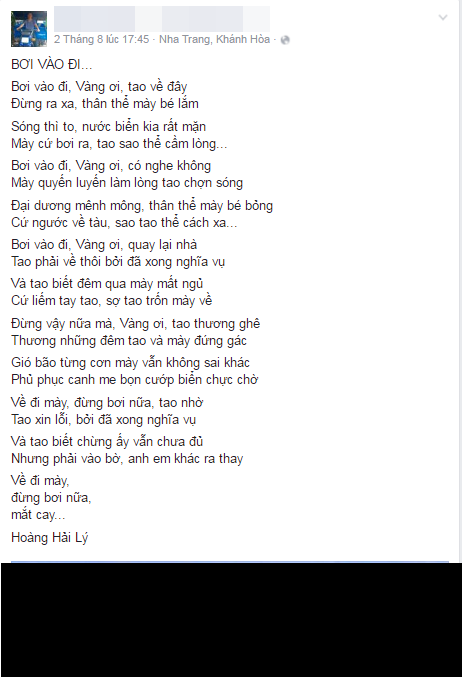 Mới đây trên mạng xã hội, cư dân mạng liên tục chia sẻ bài thơ mang tên "Bơi vào đi" của tác giả Hoàng Hải Lý (Trường Sĩ quan không quân Nha Trang, Khánh Hòa) sáng tác khi nhìn thấy tấm ảnh những  chú chó Trường Sa quyến luyến với con người của cựu chiến binh Lê Bá Dương trong một lần ra thăm đảo.