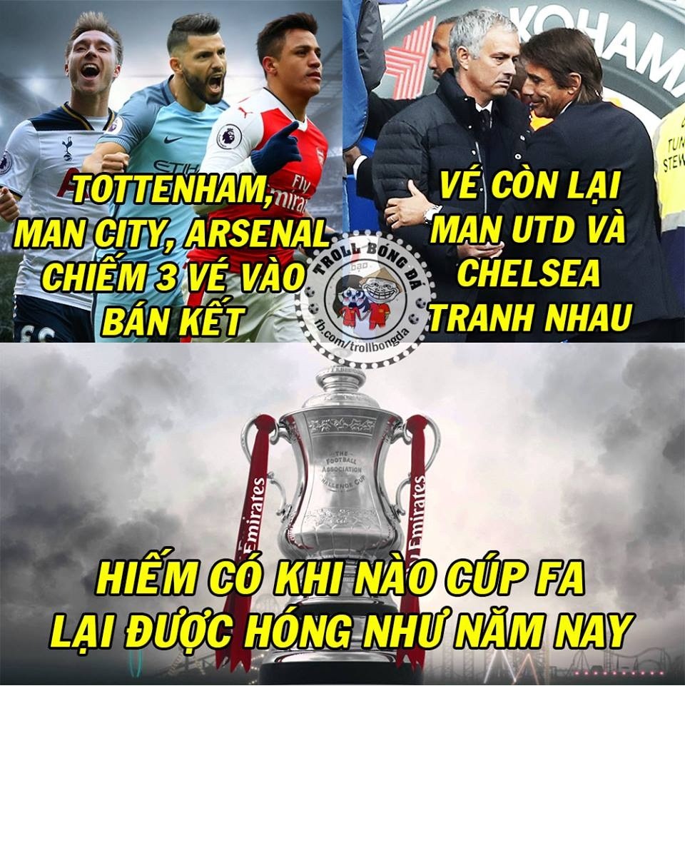  Ảnh chế bóng đá tuần qua xoay quanh những trận đấu tại vòng tứ kết FA Cup khi gần như tất cả các đội bóng lớn như Tottenham, Man City hay Arsenal đều lọt vào vòng trong và chờ đối thủ còn lại sau cuộc đấu sinh tử giữa Man United và Chelsea. Ảnh trong bài: Troll bóng đá.