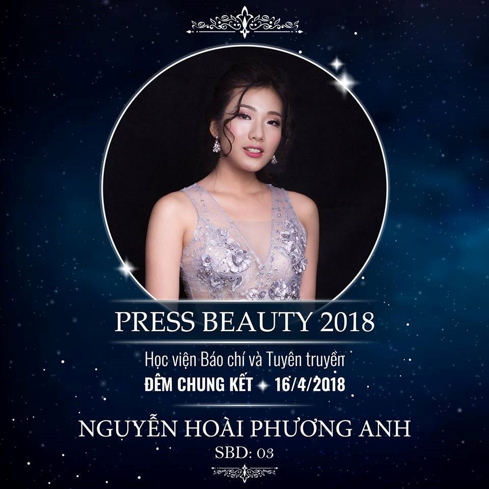 Vừa qua, đêm chung kết cuộc thi Press Beauty 2018 - Hoa khôi Học viện Báo chí và Tuyên truyền 2018 đã diễn ra thành công. Theo đó, thí sinh mang số báo danh 03 - Nguyễn Hoài Phương Anh đã xuất sắc đăng quang ngôi vị  hoa khôi trường Báo.