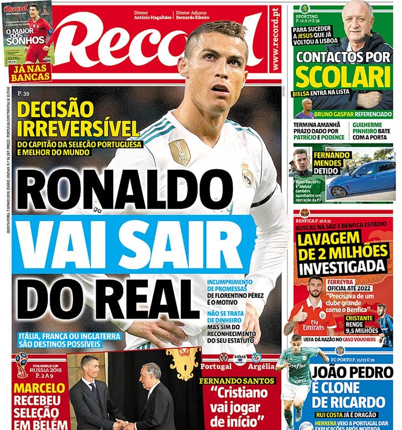  Chuyển nhượng bóng đá mới nhất từ Record, 100% Ronaldo sẽ rời Real và điểm đến của siêu sao người Bồ Đào Nha có thể là MU hoặc PSG.