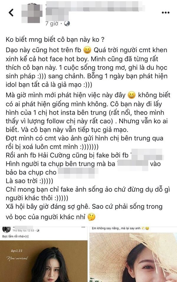 Khi MXH phát triển cũng là thời cơ để các bạn trẻ có cơ hội "sống ảo" tuyệt đối. Nếu "sống ảo" chỉ đơn giản là chỉnh sửa vài tấm hình cho lung linh hơn thì không có gì đáng nói, nhưng lấy ảnh của người khác để "sống ảo" như tài khoản facebook T.K.M dưới đây thì thật là đáng quan ngại.