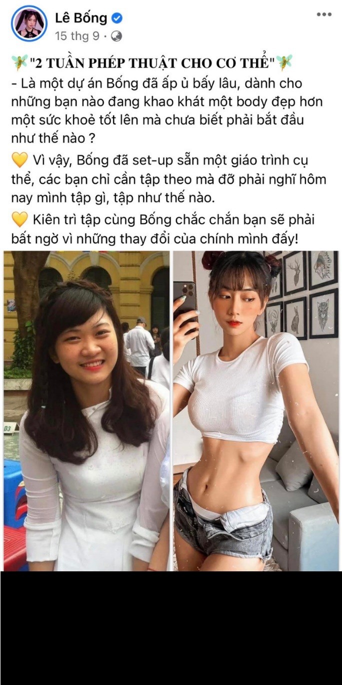 Cuối tháng 9 vừa qua, hot TikToker  Lê Bống đã đăng tải thử thách tập luyện mang tên "2 Tuần Phép Thuật Cho Cơ Thể". Ngay sau khi đăng tải, chiến dịch của hot girl đã nhận được rất nhiều sự quan tâm và tham gia của các bạn trẻ.