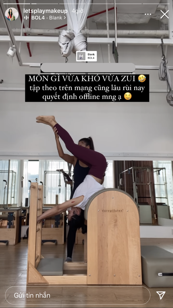 Mới nhập hội  gái xinh khoe body với bộ môn pilates, beauty blogger An Phương tỏ ra rất hào hứng với bộ môn tăng độ dẻo của cơ thể này.