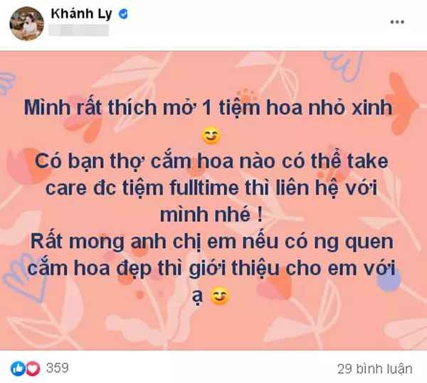 Mới đây trên trang cá nhân,  hot girl Ly Kute gây chú ý khi cập nhật status mới. Cô tiết lộ muốn mở một tiệm hoa.