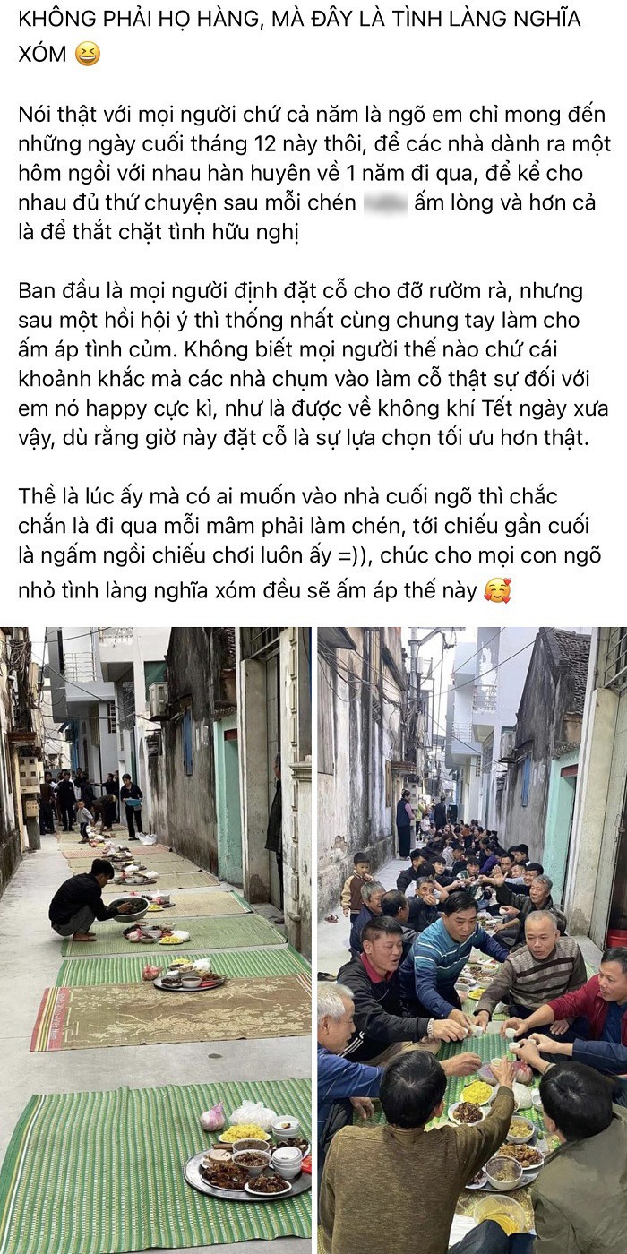 Mới đây, tài khoản T.H vừa đăng tải hình ảnh cả ngõ của mình quây quần bên nhau làm  cỗ tất niên. Hình ảnh những chiếc chiếu được trải từ đầu ngõ đến cuối ngõ để bày cỗ nhanh chóng gây bão mạng xã hội.