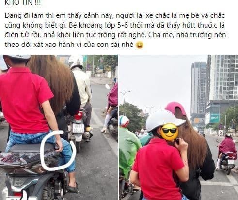 Trên một diễn đàn, dân mạng truyền tay nhau một mình ảnh khó tin. Khoảnh khắc ghi lại cảnh một bé trai ngồi sau mẹ đang  hút thuốc lá điện tử.