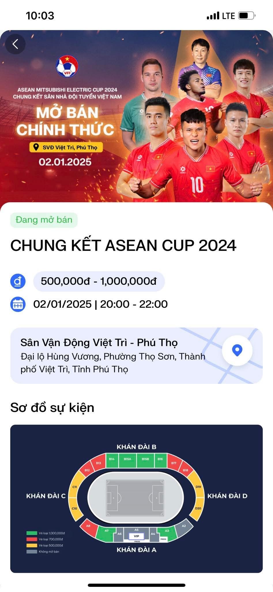 Theo kế hoạch được VFF công bố, từ 8h sáng nay 30/12, vé chung kết lượt đi AFF Cup trên sân Việt Trì sẽ được bán với 3 mệnh giá 500.000 đồng, 700.000 đồng và 1 triệu đồng. Mức giá này cao hơn so với bán kết là 300.000 đồng, 500.000 đồng, 600.000 đồng và vòng bảng là 100.000 đồng, 200.000 đồng, 300.000 đồng.