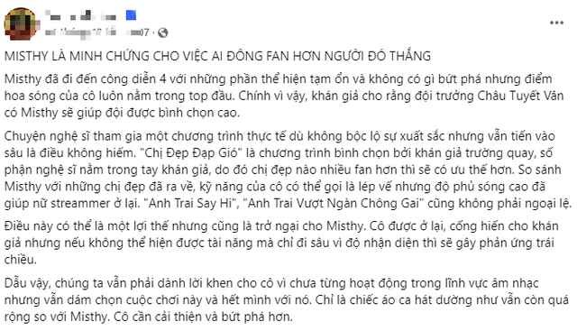 Câu chuyện xoay quanh việc nữ streamer tham gia "Chị Đẹp Đạp Gió 2024". Cụ thể, việc cô nàng tiến xa ở chương trình khiến một bộ phận người xem không phục. Cho rằng, cô đang tạm chiếm ưu thế vì "đông fan" chứ năng lực không quá xuất sắc.