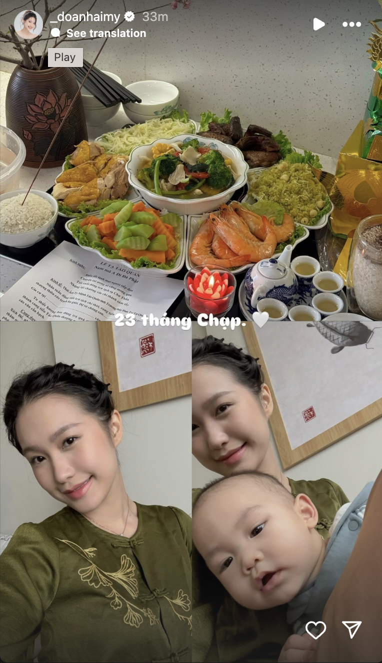 Chiều ngày 23 tháng Chạp (tức 22/1 dương lịch), nàng WAG Doãn Hải My - vợ hậu vệ nổi tiếng Đoàn Văn Hậu - hào hứng chia sẻ lên trang cá nhân hình ảnh mâm cỗ khi gia đình cô cúng ông Công ông Táo.