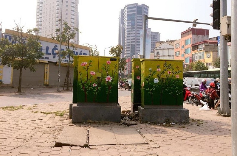 Những ngày  Tết, người dân Hà Nội đi trên các tuyến phố như Khuất Duy Tiến, Tràng Thi không khỏi bất ngờ với những bốt điện cũ được "khoác áo mới" bằng những bức vẽ hoa đào, hoa sen.