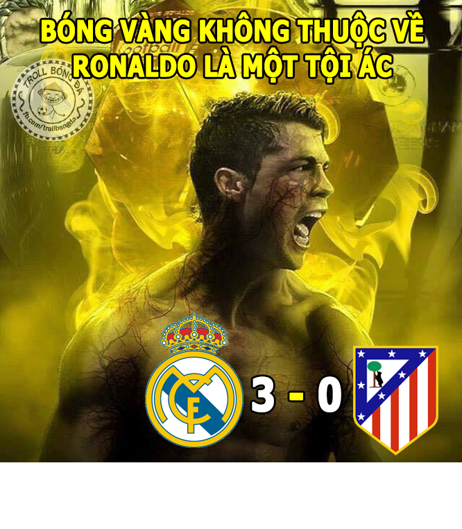  Ảnh chế bóng đá giữa tuần xoay quanh trận bán kết lượt đi cúp C1 châu Âu giữa Real Madrid và Atletico Madrid. Nơi mà Cris Ronaldo đã tỏa sáng với cú hat-trick giúp đội bóng "kền kền trắng" vùi dập người hàng xóm cùng thành phố. Ảnh: Troll bóng đá