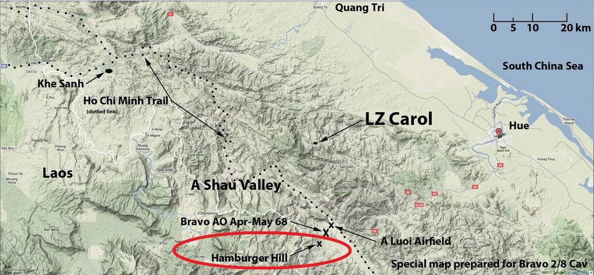 Đồi Thịt Băm (Humberger Hill) là tên không chính thức được binh lính Mỹ và giới báo chí nhắc về trận đánh trên cao điểm 937 (phía Mỹ gọi là Hill 937 vì nó cao 937 mét so với mực nước biển).  Trận Đồi Thịt Băm diễn ra trong 10 ngày từ 10/5/1969 tới 20/5/1969. Ảnh: Vị trí của Cao điểm 937 được khoanh đỏ trên bản đồ, cao điểm này nằm ở phía nam thung lũng A Sầu A Lưới (Mỹ gọi là A Shau) và cách Huế khoảng 70 km về phía Tây Nam. Nguồn ảnh: Patriot.