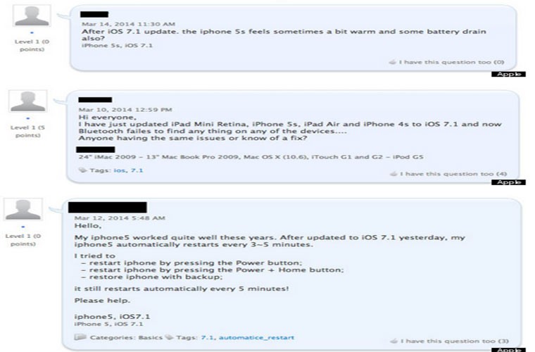 iOS7.1: kẻ thù của pin và Bluetooth. Nhiều người dùng sản phẩm Apple đã lên tiếng kêu ca vì sau khi cập nhật phiên bản hệ điều hành mới này, các thiết bị của họ tốn pin kinh khủng và gây ra lỗi kết nối Bluetooth, thậm chí thỉnh thoảng máy còn tự khởi động lại.