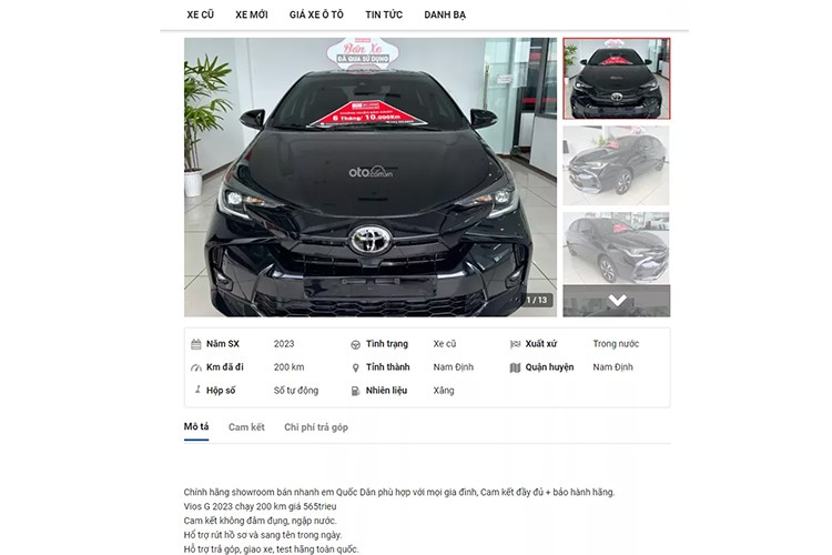 Trên thị trường xe cũ hiện nay có khá nhiều tin rao bán xe Toyota Vios 2023. Tuy nhiên, xe thuộc mô hình nâng cấp giữa vòng đời, ra mắt hồi tháng 5 lại khá hiếm, chỉ có 1-2 xe. Chiếc Toyota Vios 2023 trong bài viết có thể coi là chiếc đầu tiên lên sàn xe cũ khi mới lướt vỏn vẹn 200 km và không khác xe mới.