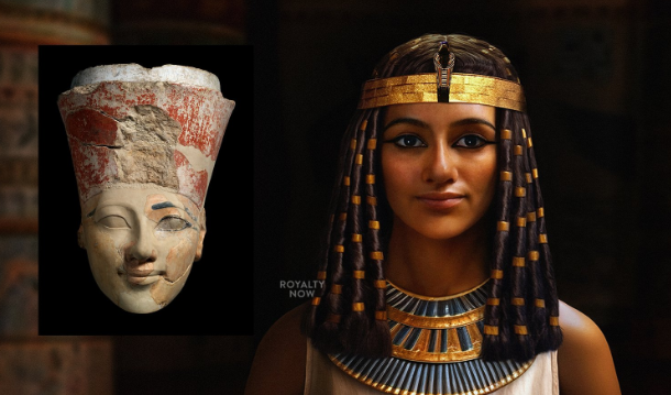 1. Hatshepsut (1479-1458 TCN): Hatshepsut là một trong những nữ  Pharaoh quyền lực và nổi tiếng nhất của Ai Cập cổ đại. Bà bắt đầu triều đại của mình với vai trò nhiếp chính cho người con trai kế thừa ngai vàng nhưng sau đó tự mình trở thành Pharaoh. Dưới "con mắt" AI, Hatshepsut trông thật tuyệt trong bộ tóc giả với kiểu dáng rất cầu kỳ, xoắn lại và được trang trí bằng vàng. (Ảnh: royaltynowstudios)