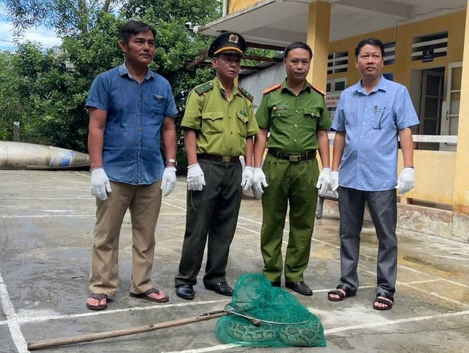 1. Trăn gấm: Ngày 20/9, người dân ở Thừa Thiên Huế phát hiện một cá thể trăn gấm quý hiếm, nặng khoảng 9kg và dài 2m, mắc vào ngư cụ. Sau khi phát hiện, anh Trương Vinh đã giao nộp  con vật quý hiếm cho Hạt Kiểm lâm huyện Phú Lộc. Lực lượng chức năng sau đó đã thả trăn về tự nhiên.(Ảnh: Tiền phong)