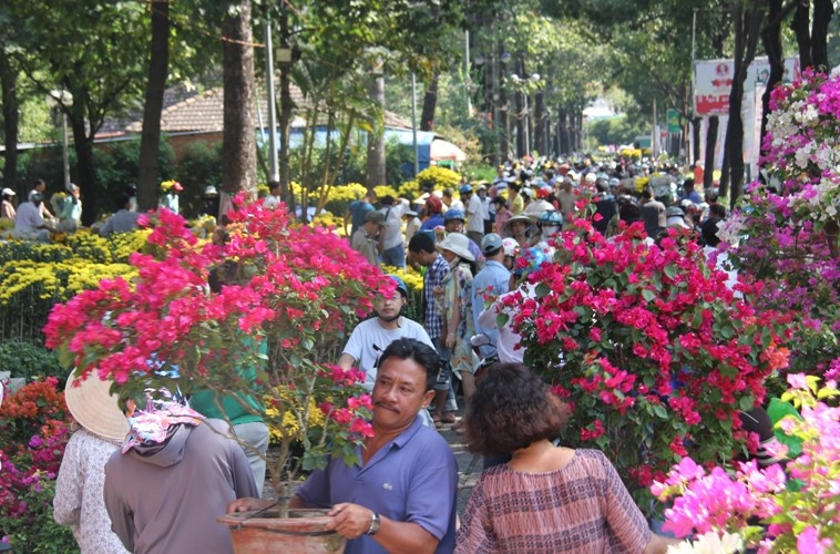 Từ sáng 30 tết, tại các chợ hoa Công viên 23/9; Lê Văn Tám, Gia Định (TP HCM), hàng ngàn người đổ về để mua hoa kiểng chuẩn bị chưng 3 ngày Tết.