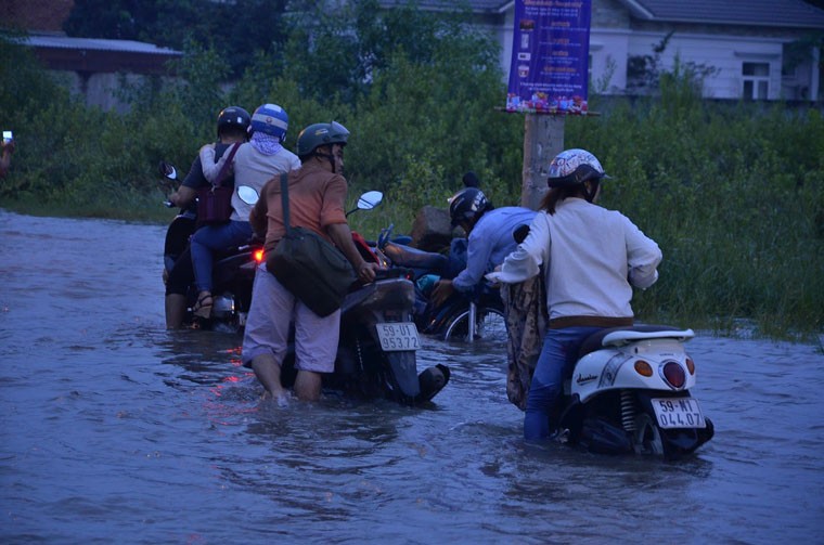 Đến chiều tối nay (14/12), nhiều người dân đi lại ở một số tuyến đường thuộc các quận, huyện vùng ven TP HCM như huyện Nhà Bè, Bình Chánh, quận 7, 2... vẫn còn bì bõm lội nước ngập sâu để về nhà.