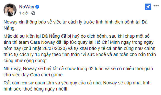 Theo chia sẻ trên trang cá nhân của  Cara Phương lẫn Noway, cặp đôi này hiện tiến hành tự cách ly tại nhà sau chuyến đi công tác Đà Nẵng.