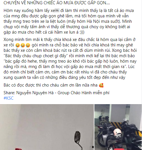 Mới đây, câu chuyện  người tốt việc tốt về bác bảo vệ tại một tòa chung cư đã dành thời gian gấp áo mưa gọn gàng cho cả hầm gửi xe đang khiến netizen tích cực chia sẻ trên MXH. Ảnh: Chụp màn hình