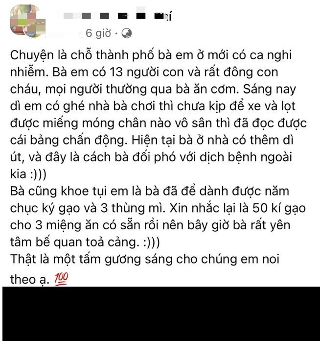 Mới đây, trên mạng xã hội xuất hiện câu chuyện của người cháu chia sẻ về việc cách ly  mùa dịch của bà mình thu hút đông đảo sự chú ý. Theo chia sẻ, nơi họ ở đã xuất hiện ca nghi nhiễm COVID-19 nên cụ bà lập tức có biện pháp phòng chống dịch mạnh mẽ khiến con cháu vô cùng bất ngờ.