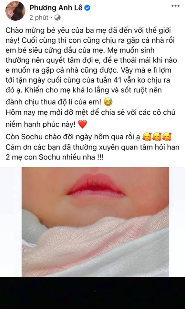 Tháng 5 vừa qua,  Phanh Lee đã hạ sinh con gái đầu lòng tại một bệnh viện ở Hà Nội bằng phương pháp sinh mổ. Trên trang cá nhân, nữ diễn viên đã chia sẻ hình ảnh con gái mới sinh kèm lời nhắn nhủ cực ngọt.