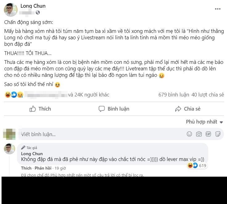 Mới đây, Tiktoker  Long Chun có bài đăng gây chú ý trên trang cá nhân. Theo đó, anh cho biết vừa qua mình bị hàng xóm đồn sử dụng chất cấm đến méo cả mồm.