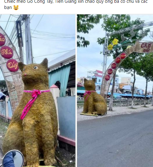 Trên MXH đang lan truyền hình ảnh về tượng  linh vật mèo ở Tiền Giang với ngoại hình cực hài hước. Ảnh: Chụp màn hình